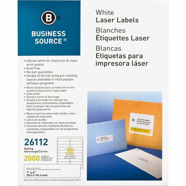 Business Source Bright White Premium-quality Address Labels - 1  Width x 4  Length - Permanent Adhesive - Rectangle - Laser, Inkjet - White - 20   Sheet - 100 Total Sheets - 2000   Pack - Lignin-free, Jam-free Cheap