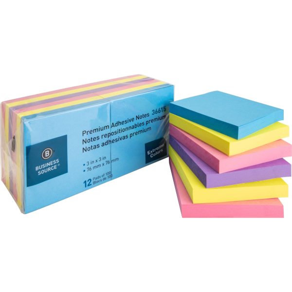 Business Source 3x3 Extreme Colors Adhesive Notes - 100 - 3  x 3  - Square - Assorted - Repositionable, Solvent-free Adhesive - 12   Pack Cheap