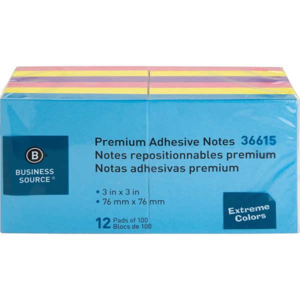 Business Source 3x3 Extreme Colors Adhesive Notes - 100 - 3  x 3  - Square - Assorted - Repositionable, Solvent-free Adhesive - 12   Pack Cheap - Image 2