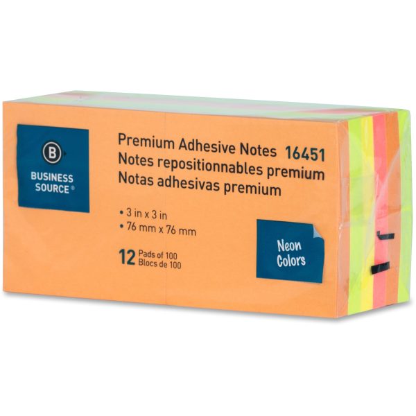 Business Source Repositionable Neon Notes - 3  x 3  - Square - Neon - Removable, Repositionable, Solvent-free Adhesive - 12   Pack Online Sale - Image 3