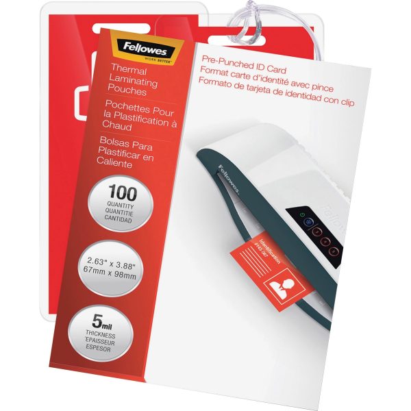 Fellowes Punched ID Card Glossy Thermal Laminating Pouches - Laminating Pouch Sheet Size: 3.88  Width x 5 mil Thickness - Glossy - for Document, ID Badge, ID Card - Durable, Pre-punched - Clear - 100   Pack Discount