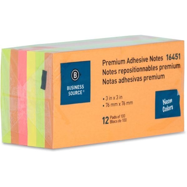 Business Source Repositionable Neon Notes - 3  x 3  - Square - Neon - Removable, Repositionable, Solvent-free Adhesive - 12   Pack Online Sale
